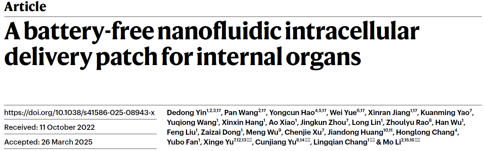 A battery-free nanofluidic intracellular delivery patch for internal organs